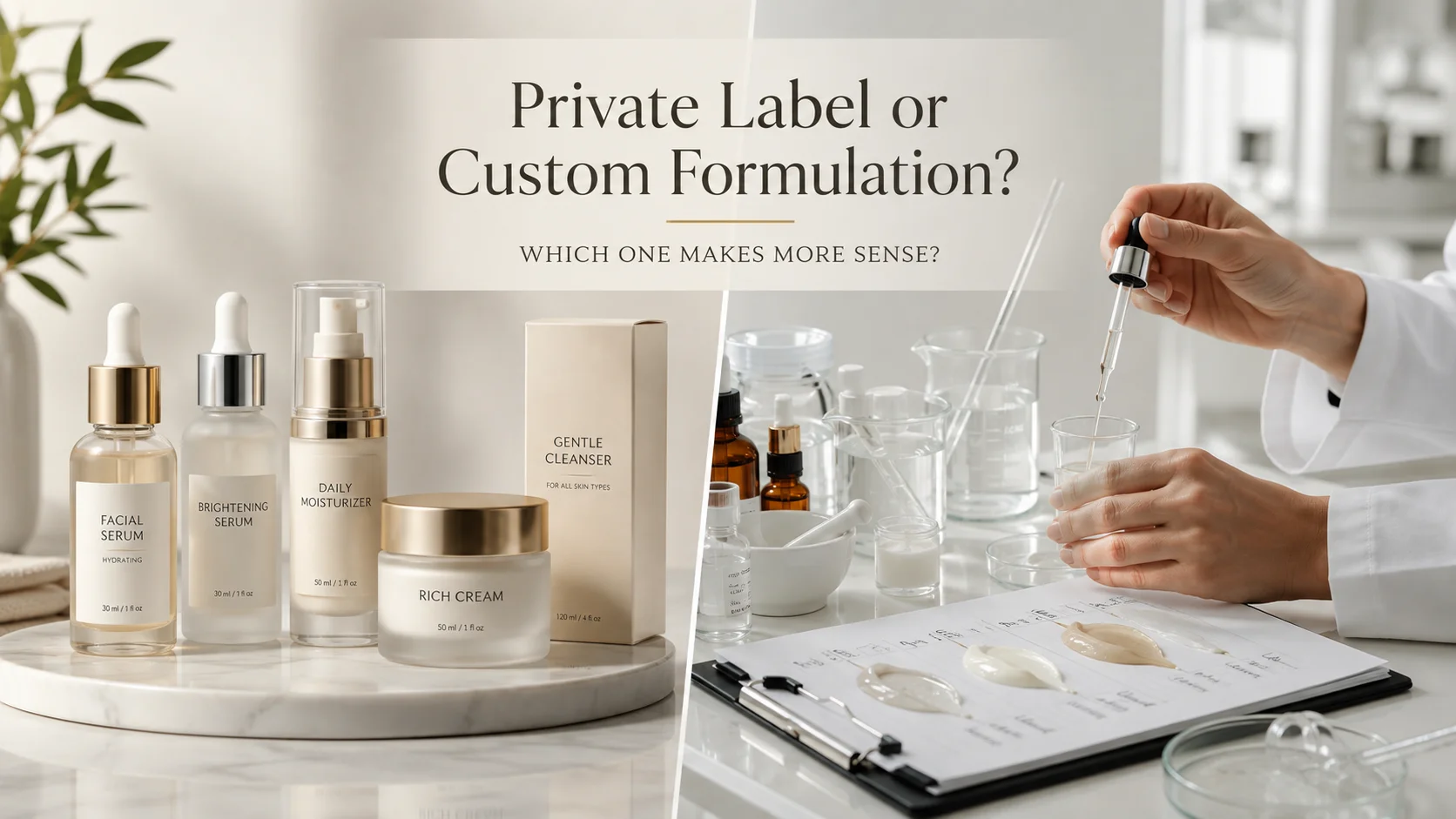 Comparison of private label skincare products, including facial serums and creams, displayed alongside laboratory equipment and a person formulating skincare in a lab setting.